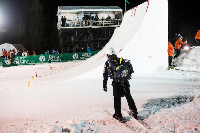 (Chris Detrick  |  The Salt Lake Tribune)  USA's Ashley Caldwell leaves the course after failing to qualify for the finals in the Ladies' Aerial Finals during the FIS Visa Freestyle International Ski World Cup at Deer Valley Resort Friday, January 12, 2018.  Caldwell finished in seventh place. 