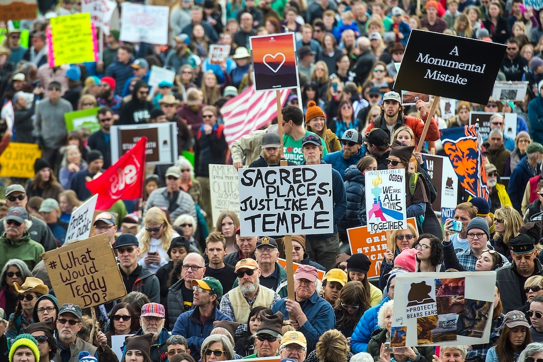 (Chris Detrick  |  The Salt Lake Tribune) Supporters of the Bears Ears and Grand Staircase-Escalante National Monuments rally at the Utah State Capitol Saturday, December 2, 2017.  Utah Highway Patrol estimated 5,000 people attended the rally. 