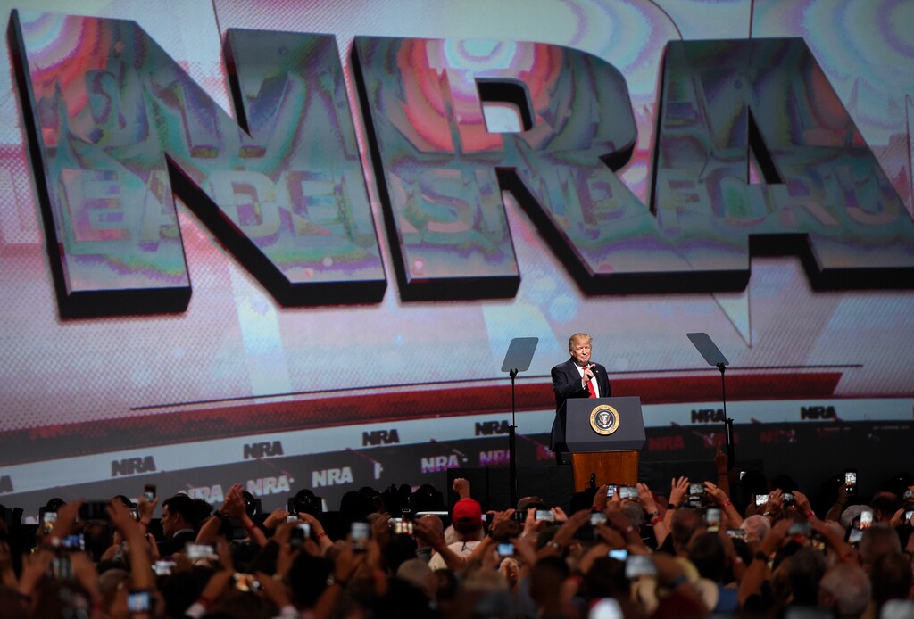 FILE - In this April 28, 2017 file photo, President Donald Trump speaks during the National Rifle Association-ILA Leadership Forum, in Atlanta. As NRA prepares to gather for its 147th annual meeting in Dallas, the political landscape has changed considerably in the past year. Even with a GOP-led Congress and a gun-friendly president in the White House, its agenda has stalled. And a new generation seems to have the upper hand in pushing for gun-control after several deadly mass shootings. (AP Photo/Mike Stewart File)