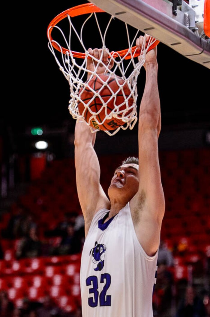 (Trent Nelson | The Salt Lake Tribune)  Box Elder vs. Corner Canyon, 5A State high school basketball tournament at the Huntsman Center in Salt Lake City, Wednesday Feb. 28, 2018. Box Elder's Porter Clawson (32) dunks the ball.