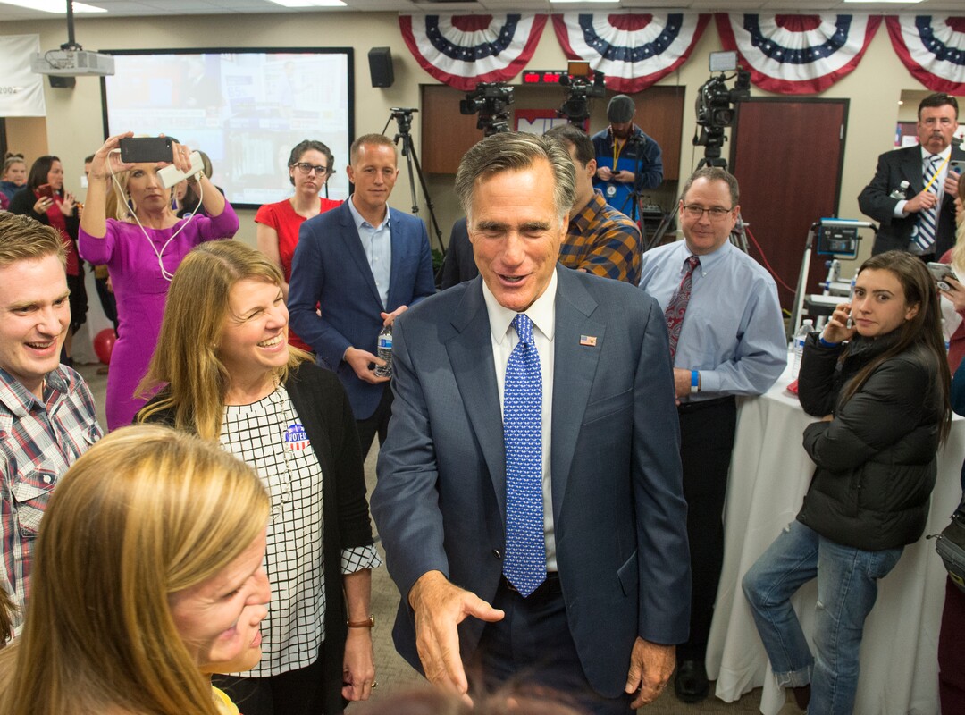 (Rick Egan  |  The Salt Lake Tribune)   Mitt Romney shakes hands with supporters at the Romney Headquarters, in Orem, as they wait for the polls to close, on election night, Tuesday, Nov. 6, 2018.