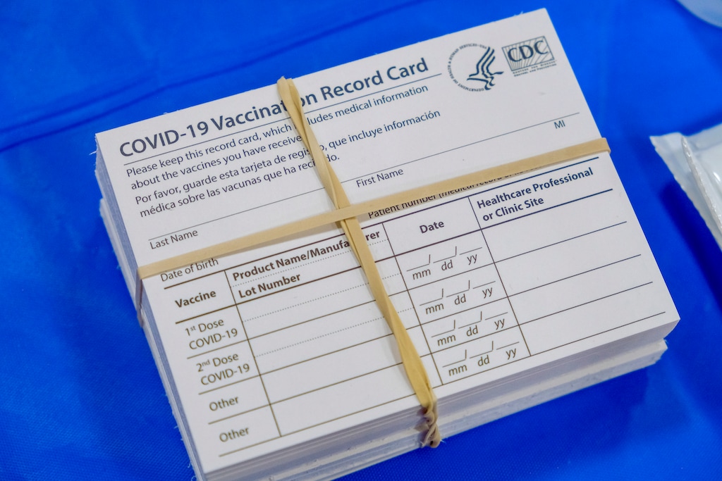 (Leah Hogsten | The Salt Lake Tribune) Vaccination cards at West Hills Middle School on Feb. 12, 2021.