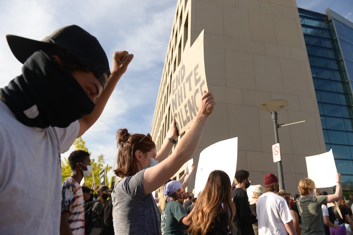(Leah Hogsten  |  The Salt Lake Tribune)  Protest against police brutality in Salt Lake City on Monday, June 1, 2020.