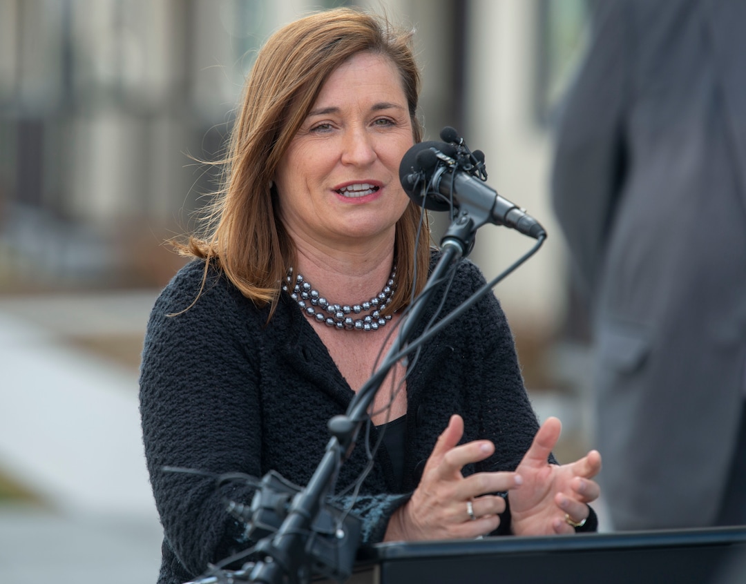 (Rick Egan  |  The Salt Lake Tribune)      Salt Lake County Mayor  Jenny Wilson,  makes a few comments at the celebration of the new double-track rail line for the S-Line Sugar House Streetcar, Friday, April 5, 2019.
