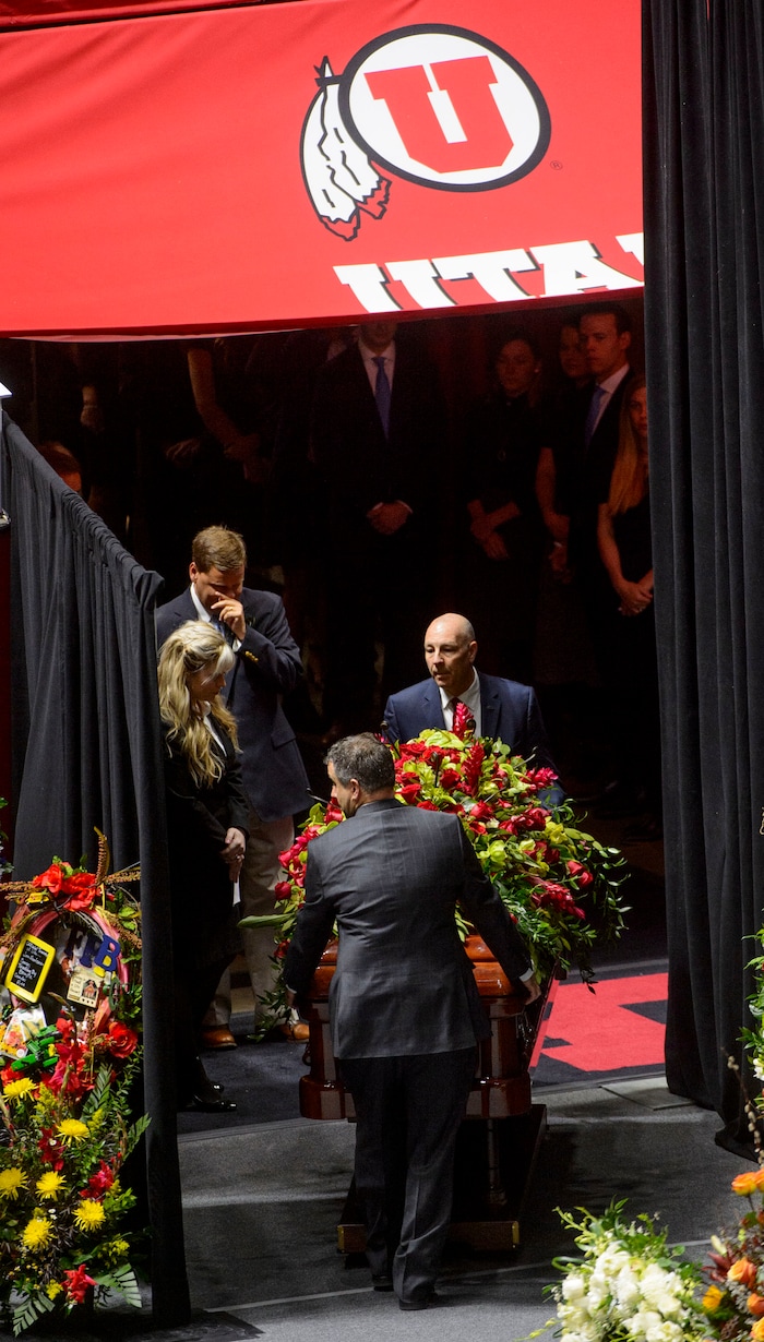 (Steve Griffin  |  The Salt Lake Tribune)  The casket of Jon Huntsman Sr. is brought into the Huntsman Center during funeral services on the University of Utah campus in Salt Lake City Saturday February 10, 2018.