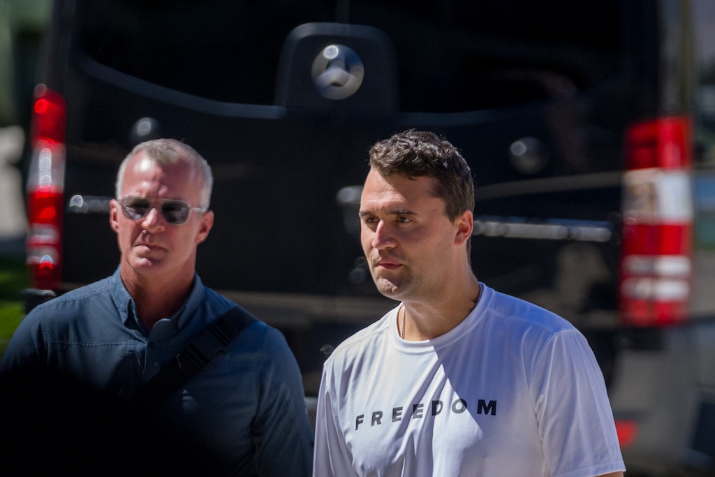 (Trent Nelson  |  The Salt Lake Tribune) Brian Harpole, at left, leading security at Charlie Kirk's appearance at Utah Valley University in Orem on Wednesday, Sept. 10, 2025.