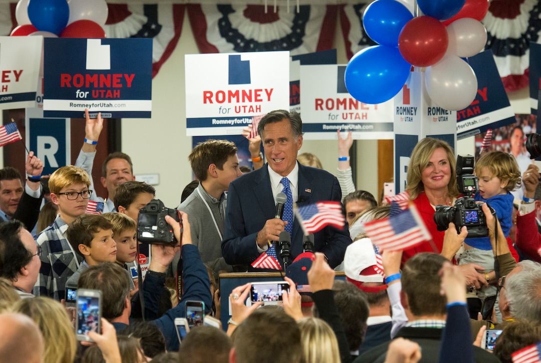 (Rick Egan  |  The Salt Lake Tribune)   Mitt Romney gives his victory speech, at the Romney Headquarters, in Orem, on election night, Tuesday, Nov. 6, 2018.