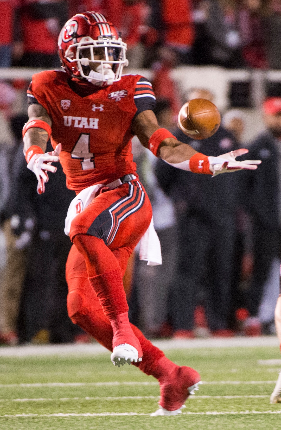 (Rick Egan  |  The Salt Lake Tribune)        Utah Utes running back TJ Green (4) tries to bring in a pass, in football action between the Brigham Young Cougars and the Utah Utes, at Rice-Eccles Stadium, Saturday, November 24, 2018.