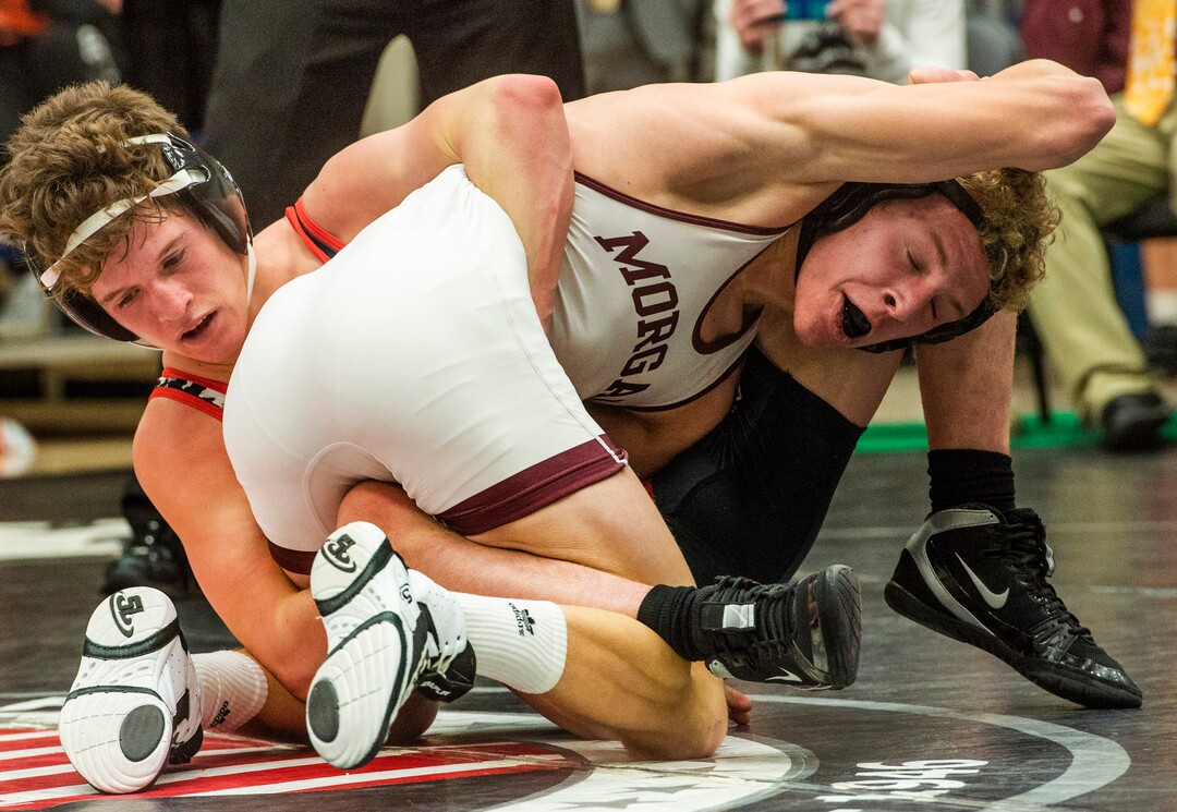 (Rick Egan | The Salt Lake Tribune) Blake Woolsey (Morgan) wrestles Dallan Hunsaker (AF) 120 division at the High School All Star wrestling event in Orem, on Tuesday, Jan. 12, 2021.