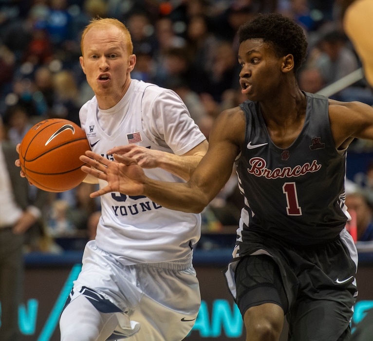 (Rick Egan  |  The Salt Lake Tribune)      Santa Clara Broncos guard Trey Wertz (1) tries to stop Brigham Young Cougars guard TJ Haws (30) as he leads a fat break, in basketball action between Brigham Young Cougars and Santa Clara Broncos at the Marriott Center in Provo, Saturday, Jan. 12, 2019. Haws scored a career-high 34 points in a win over Pepperdine on Thursday, Jan. 18, 2019.