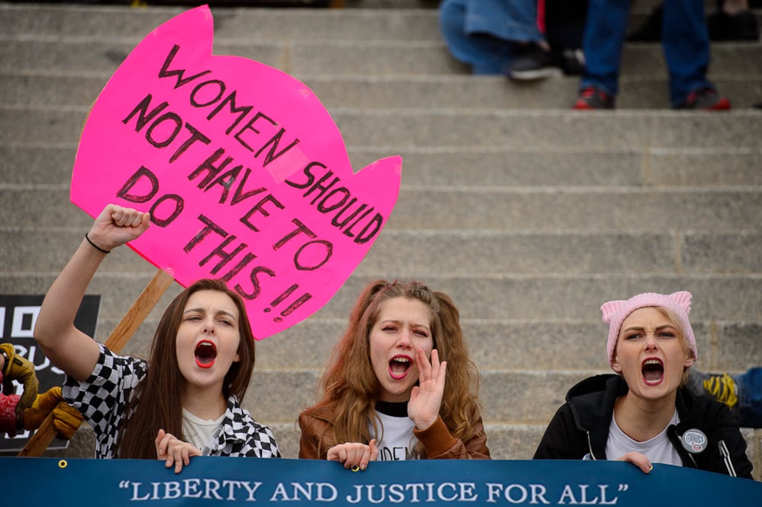 (Trent Nelson | The Salt Lake Tribune)Rylee Richhart, Hanna Bartnicki, and Ainsley Pratt on the steps of the Utah Capitol at the 2019 Women's March on Utah on Saturday Jan. 19, 2019.