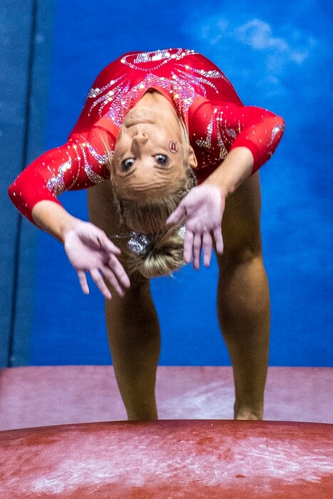 (Chris Detrick  |  The Salt Lake Tribune)  
Utah's MyKayla Skinner competes on the vault during the gymnastics meet against Brigham Young University Friday, Jan. 5, 2018.