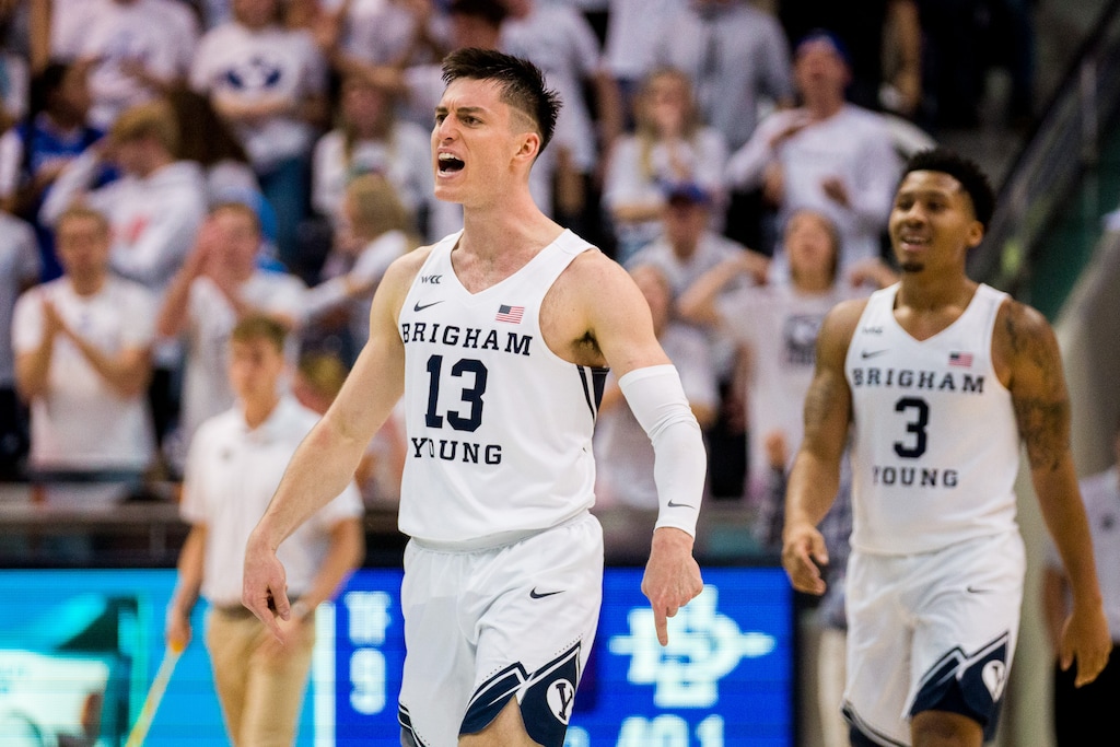(Trent Nelson  |  The Salt Lake Tribune) Brigham Young Cougars guard Alex Barcello (13) celebrates a lead in the final minute as BYU hosts San Diego State, NCAA basketball in Provo on Friday, Nov. 12, 2021.