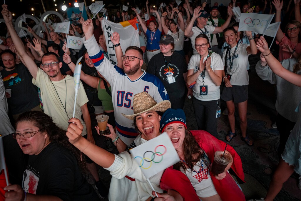 (Rick Egan | The Salt Lake Tribune) Crowds cheer as Salt Lake City is announced as host for the 2034 Winter Olympics at Salt Lake City Hall, Wednesday, July 24, 2024.
