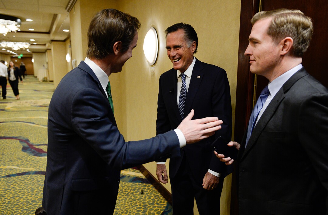 (Francisco Kjolseth  |  The Salt Lake Tribune)  Mitt Romney jokes around with staff as he gets ready to speak at the Utah Economic Outlook & Policy Summit 2018, hosted by the Salt Lake Chamber at the Salt Lake City Marriott Downtown at City Creek on Tuesday, Jan. 16, 2018. 