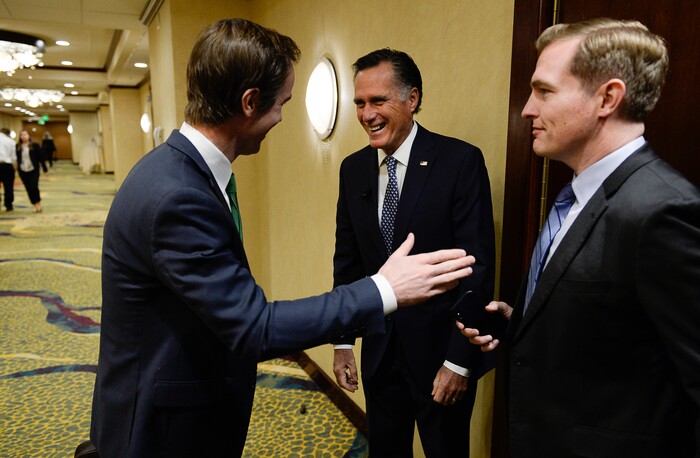 (Francisco Kjolseth  |  The Salt Lake Tribune)  Mitt Romney jokes around with staff as he gets ready to speak at the Utah Economic Outlook & Policy Summit 2018, hosted by the Salt Lake Chamber at the Salt Lake City Marriott Downtown at City Creek on Tuesday, Jan. 16, 2018. 