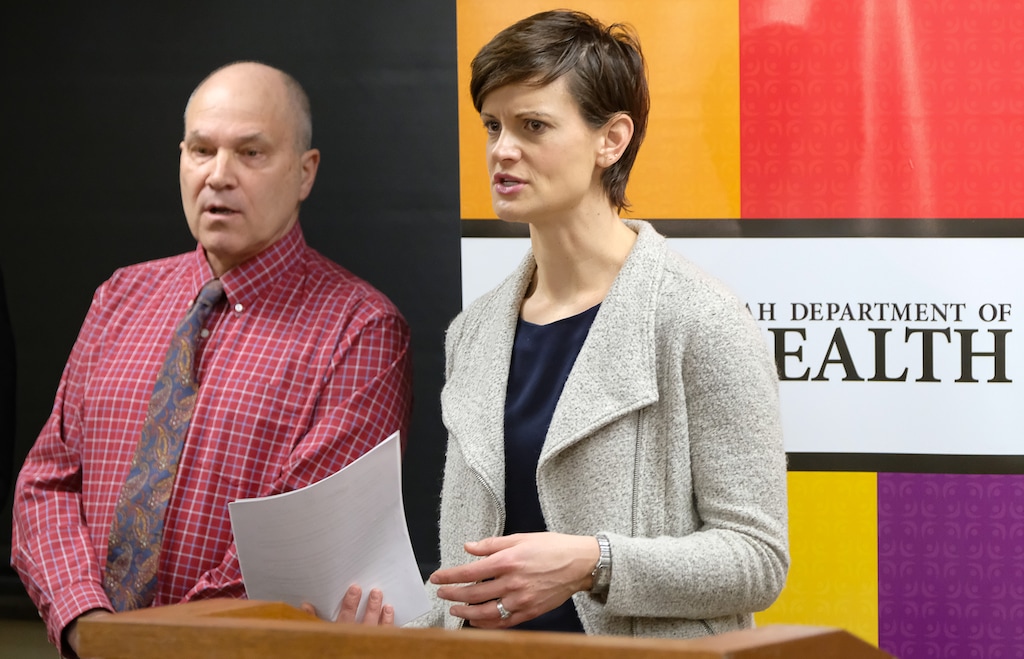 (Francisco Kjolseth  |  The Salt Lake Tribune) Dr. Angela Dunn, state epidemiologist, and Rich Bullough, executive director of the Summit County Health Department, announce Utah's first community spread case of COVID-19, in a Summit County man, at a news conference on Saturday, March 14, 2020.
