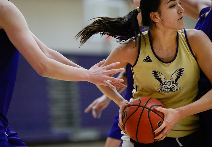 (Francisco Kjolseth  |  The Salt Lake Tribune)  Olivia Elliss, a forward with Westminster College women's basketball team battles teammates during a recent practice at the Behnken Field House on Tuesday, Ja. 29, 2019.
