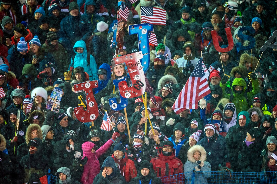 (Chris Detrick  |  The Salt Lake Tribune)  Friends and family of Park City's Jaelin Kauf cheer as she competes in the Ladies' Moguls Final at Phoenix Park during the Pyeongchang 2018 Winter Olympics Sunday, February 11, 2018. Kauf finished seventh with a score of 76.03.