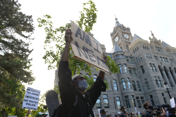 (Leah Hogsten  |  The Salt Lake Tribune)  Protest against police brutality in Salt Lake City on Monday, June 1, 2020.
