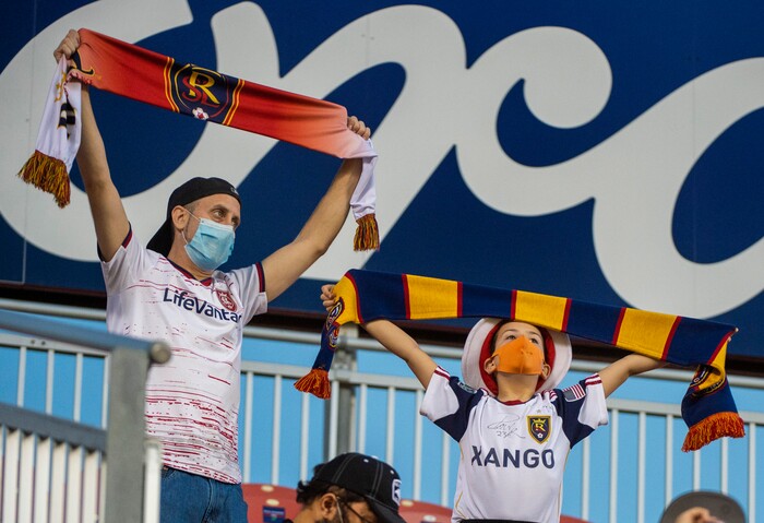 (Rick Egan  |  The Salt Lake Tribune)  Real Salt Lake fans cheer on their team, in MLS soccer action between Real Salt Lake and the Vancouver Whitecaps at Rio Tinto Stadium on Saturday, Sept. 19, 2020.

 