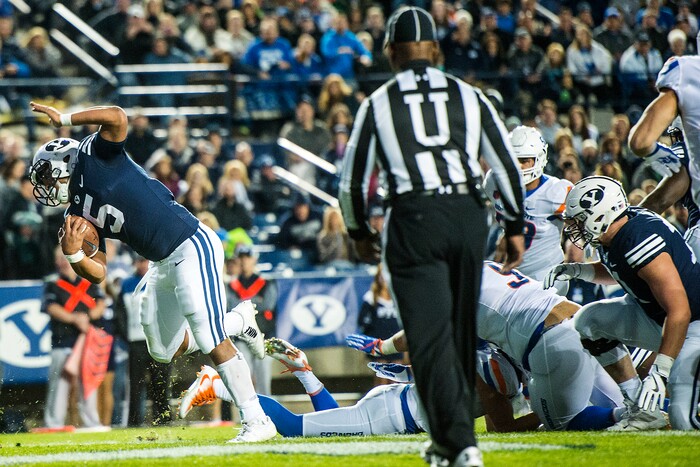 (Chris Detrick  |  The Salt Lake Tribune)  Brigham Young Cougars running back Ula Tolutau (5) scores a touchdown during the game LaVell Edwards Stadium Friday, October 6, 2017. 