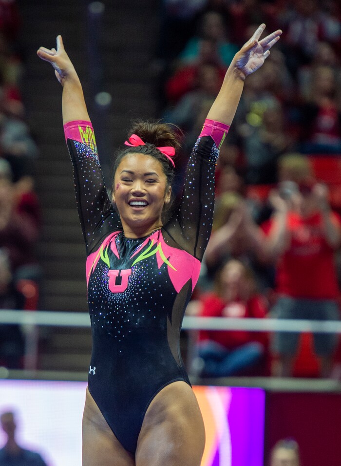 (Rick Egan  |  The Salt Lake Tribune)  Kari Lee celebrates after her routine on the beam, in PAC-12 Gymnastics action between the Utes and The California Golden Bears, in the Jon M. Huntsman Center, in Salt Lake City, Saturday, Feb. 9, 2019. 