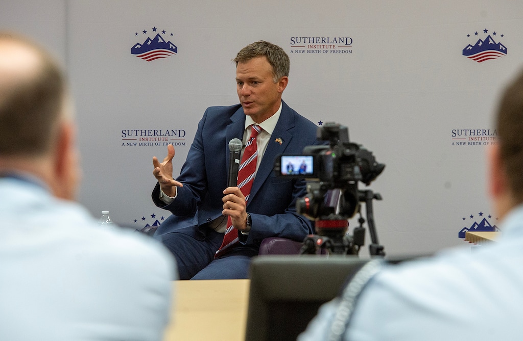 (Chris Samuels | The Salt Lake Tribune) U.S. Rep. Blake Moore, R-Utah, speaks at an event for the Sutherland Institute at Weber State University in Ogden, Tuesday, Aug. 29, 2023.