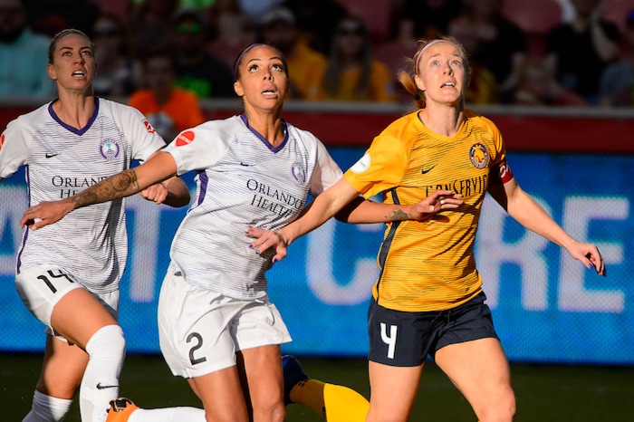 (Trent Nelson | The Salt Lake Tribune)  Utah Royals host Orlando Pride at Rio Tinto Stadium in Sandy, Wednesday May 9, 2018. Orlando Pride forward Sydney Leroux (2) and Utah Royals FC defender Becky Sauerbrunn (4).