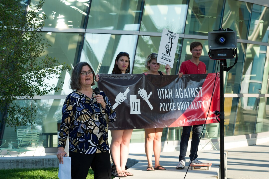 (Alex Gallivan | Special to the Tribune) Attorney Karra Porter, who represents Alex Wubbels, speaks at an Emergency Rally hosted by Utah Against Police Brutality, in response to the arrest of U of U nurse Alex Wubbels. Wubbels was arrested by SLCPD Detective Jeff Payne after she refused to take blood from an unconscious patient, which is against hospital policy.