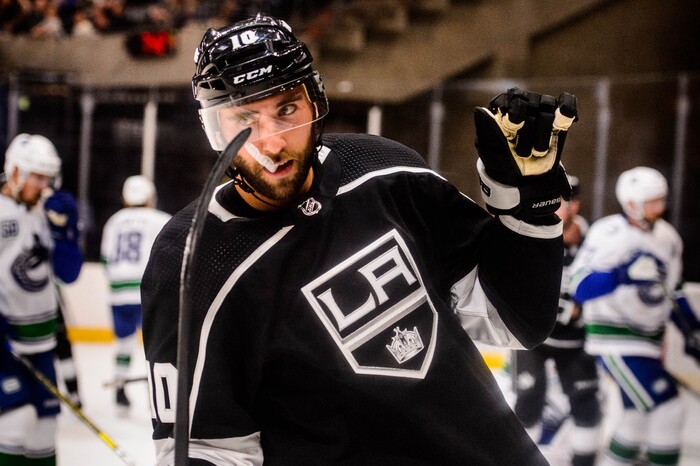 (Trent Nelson  |  The Salt Lake Tribune)  Los Angeles Kings center Michael Amadio (10) celebrates a goal as the Los Angeles Kings face the Vancouver Canucks, NHL hocket in Salt Lake City on Saturday Sept. 21, 2019.