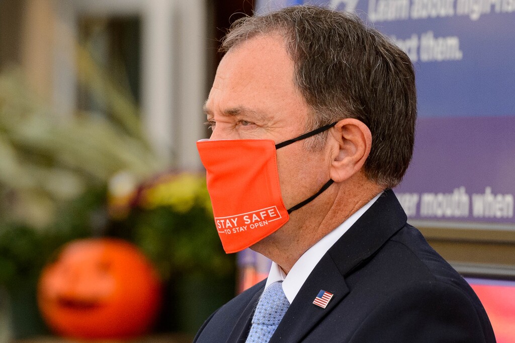 (Trent Nelson | The Salt Lake Tribune) Gov. Gary Herbert at a news conference announcing the "Stay Safe to Stay Open" campaign in Salt Lake City on Thursday, Oct. 1, 2020. The Salt Lake Chamber and Utah Department of Health will be asking businesses to public health best practices to fight COVID.