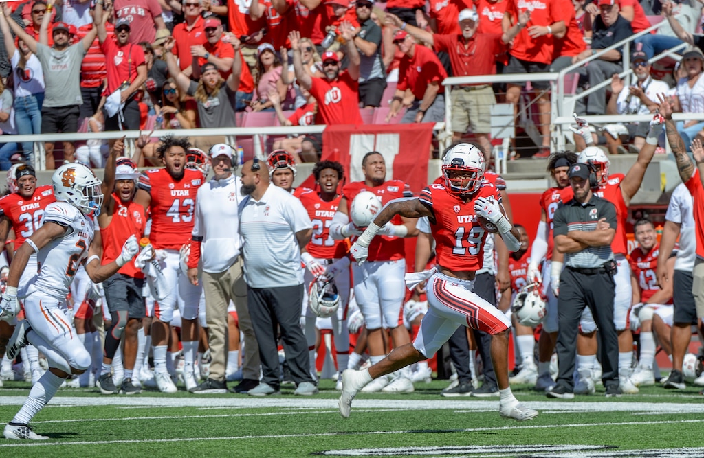(Leah Hogsten | Tribune file photo) Utah receiver Bryan Thompson (19) finishes an 82 yard touchdown reception vs. Idaho State on Sept. 14, 2019. The Utes have to score "40 or more points" to beat Washington State, assistant coach Freddie Whittingham says.