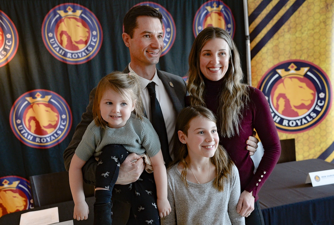 (Francisco Kjolseth  |  The Salt Lake Tribune) The Utah Royals FC announce Craig Harrington as its new head coach as he gathers with his family, wife Allison and his daughters Zara-Rose, 3, and Juliet, 8, for a picture during a press event at Rio Tinto Stadium in Sandy, Utah on Friday, Feb. 7, 2020.