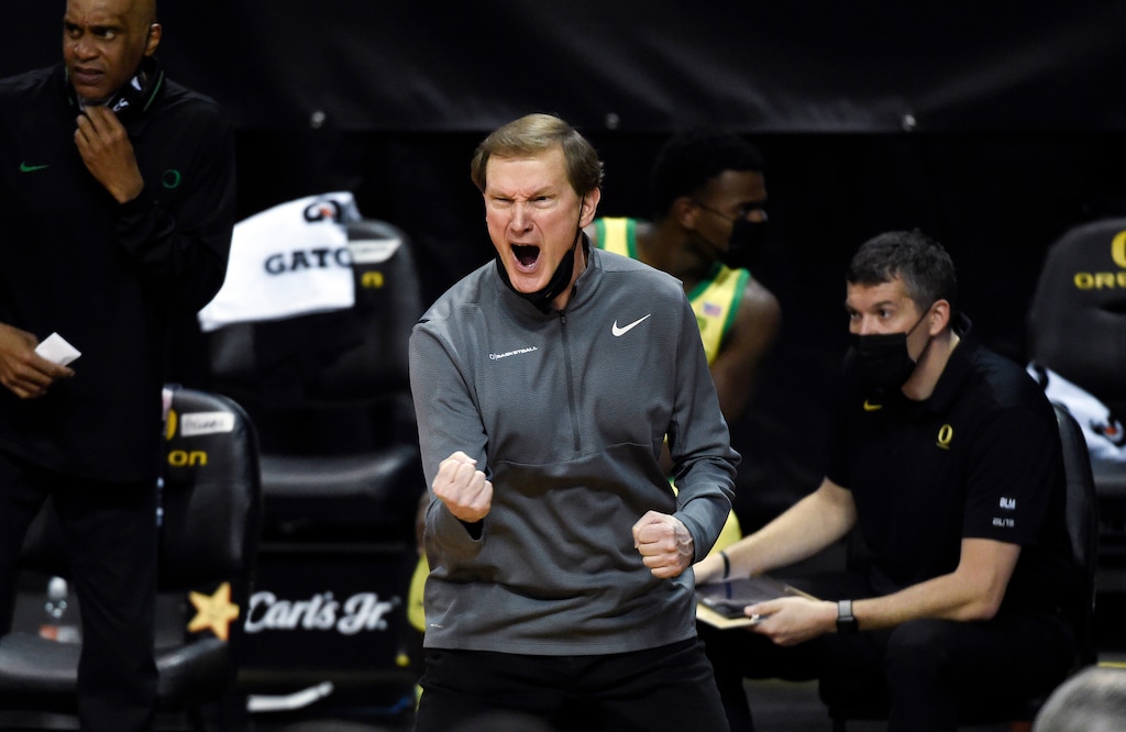 Oregon coach Dana Altman yells to the team during the second half of an NCAA college basketball game against Colorado on Thursday, Feb. 18, 2021, in Eugene, Ore. (AP Photo/Andy Nelson)