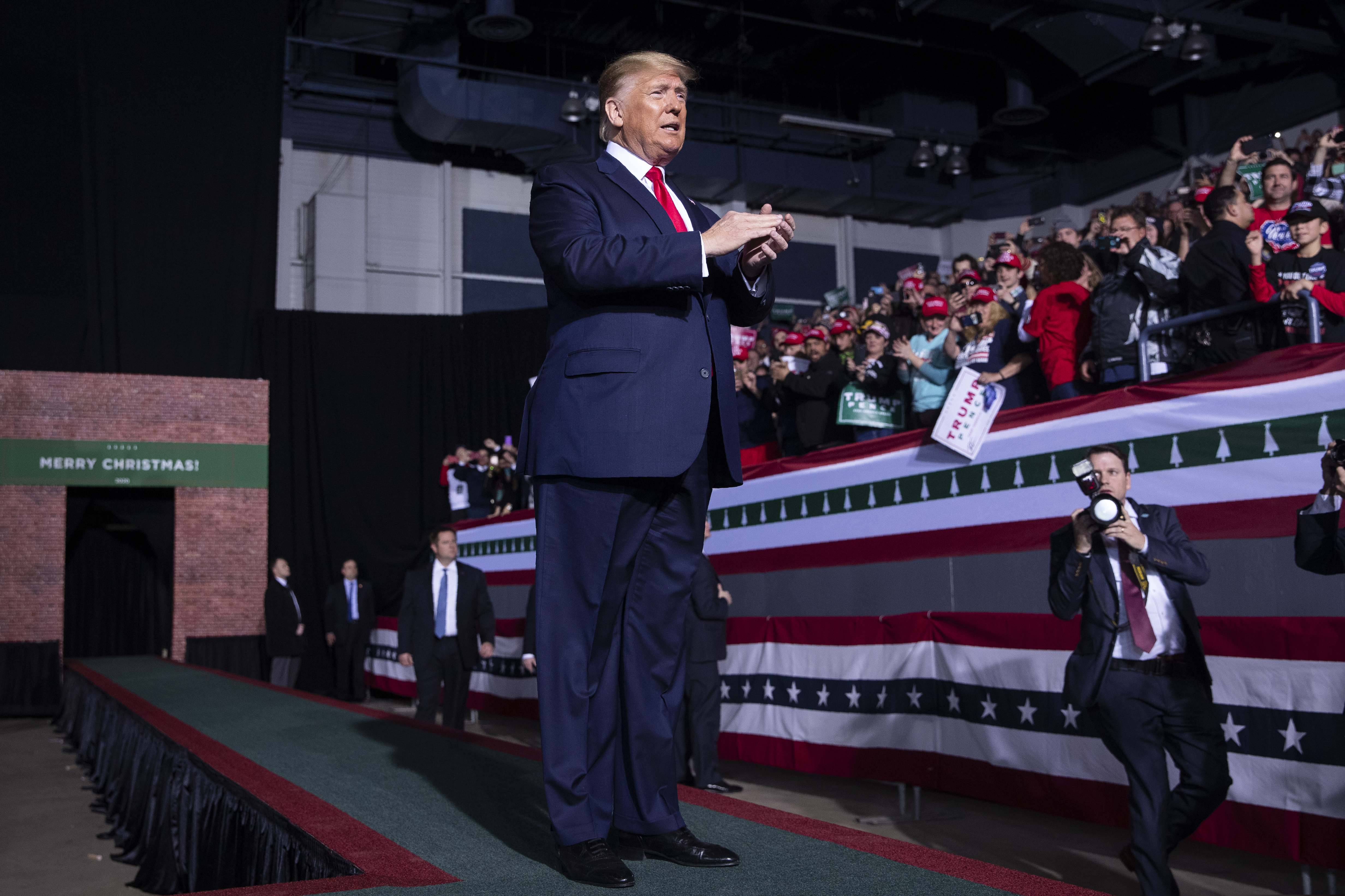 (Evan Vucci | AP file photo) President Donald Trump arrives at Kellogg Arena to speak at a campaign rally, Wednesday, Dec. 18, 2019, in Battle Creek, Mich.