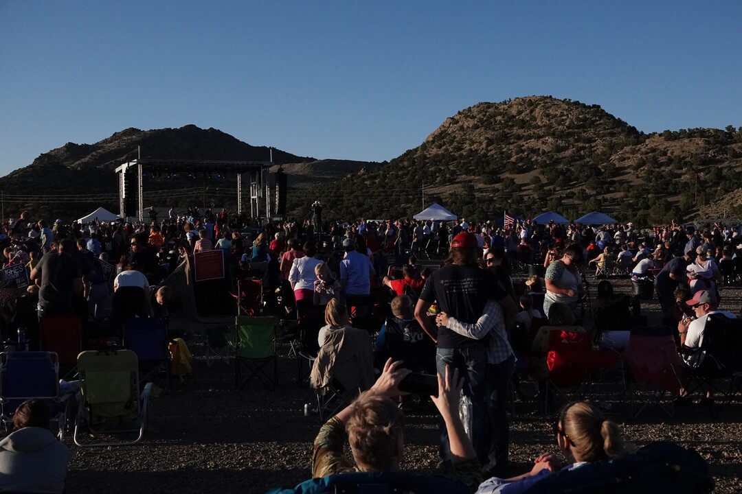 (Connor Sanders | The Salt Lake Tribune) Concertgoers gathered at the Iron Springs Resort to hear a free concert by country singer Collin Raye, organized by Utah Business Revival leader Eric Moutsos to protest COVID-19 restrictions.