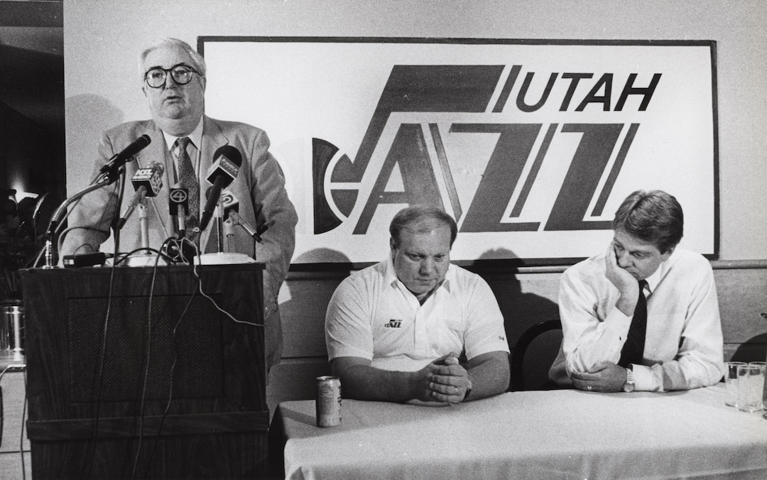 (Tribune file photo) Frank Layden announces he is stepping down as head coach of the Utah Jazz while Larry H. Miller, center, and Dave Checketts listen.