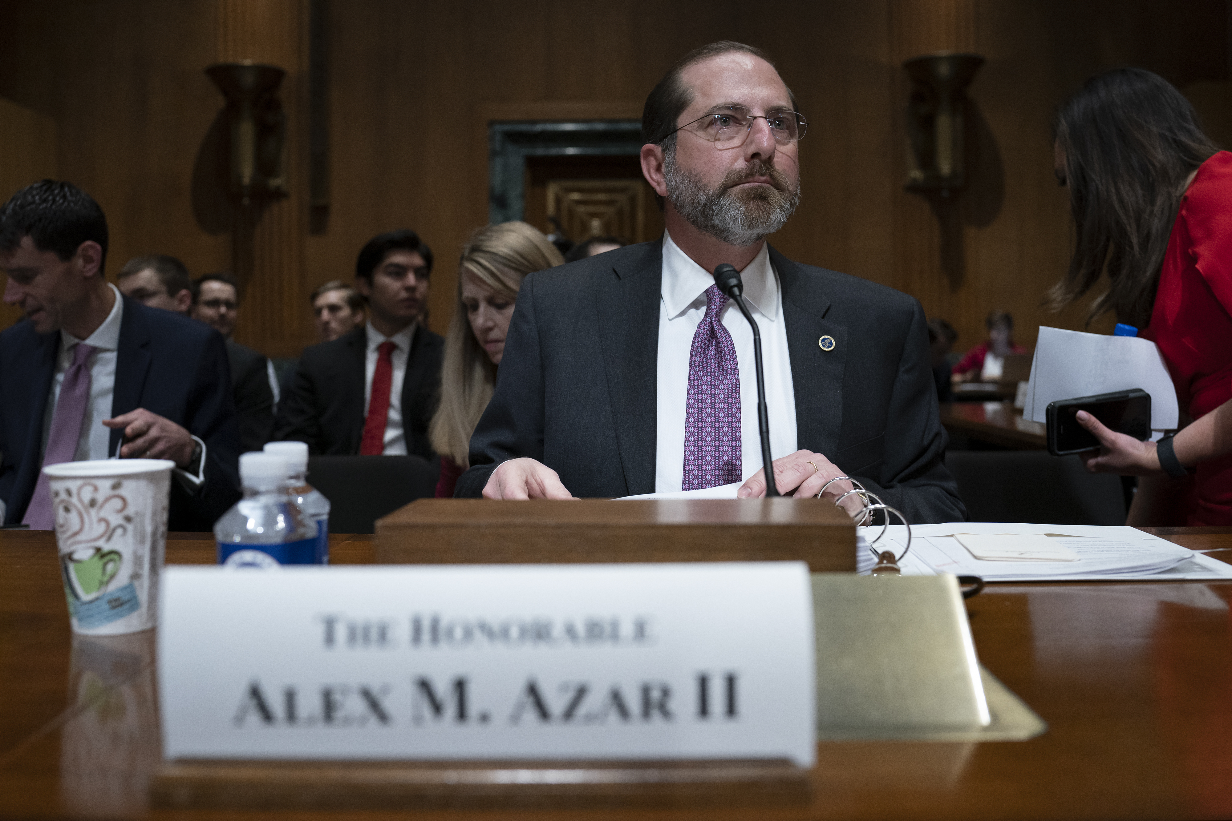(J. Scott Applewhite | The Associated Press) In this Feb. 13, 2020 file photo, Secretary of Health and Human Services Alex Azar testifies on Capitol Hill in Washington.  Democrats controlling the House wrote HHS Secretary Alex Azar earlier this month to request funds to help speed development of a coronavirus vaccine, expand laboratory capacity, and beef up screening efforts at U.S. entry points. Azar is slated to testify before the Senate Appropriations Committee on Tuesday, and the U.S. response to the outbreak is sure to be a major topic.