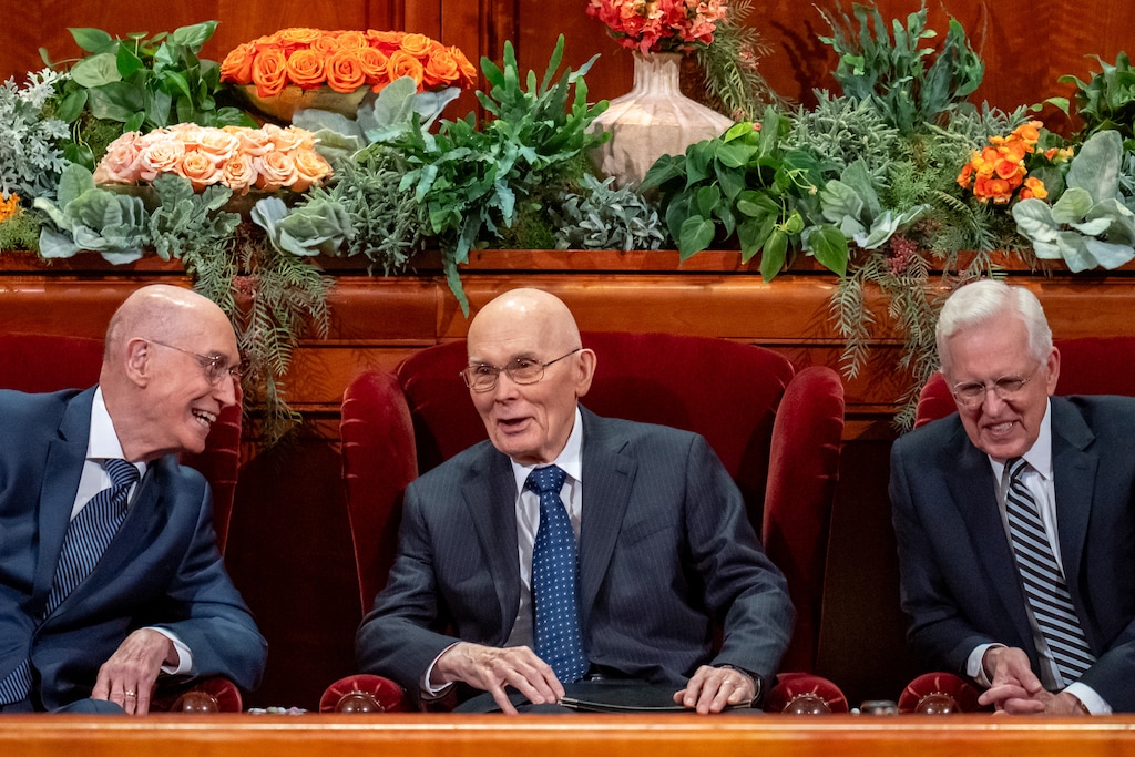 (Trent Nelson | The Salt Lake Tribune) President Dallin H. Oaks, center, with his counselors, Henry B. Eyring, left, and D. Todd Christofferson before a session of General Conference on Saturday.