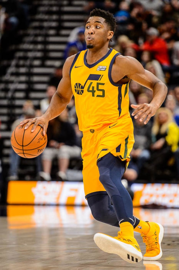 (Trent Nelson | The Salt Lake Tribune)  Utah Jazz guard Donovan Mitchell (45) as the Utah Jazz host the Milwaukee Bucks, NBA basketball in Salt Lake City Saturday November 25, 2017.