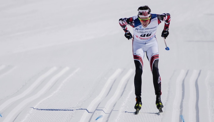 (Francisco Kjolseth | The Salt Lake Tribune) Samuel Hendry of the University of Utah competes in the men’s 10K classic during the NCAA Skiing Championships held at the Soldier Hollow Nordic Center on Thursday, March 10, 2022 in Midway, Utah. 