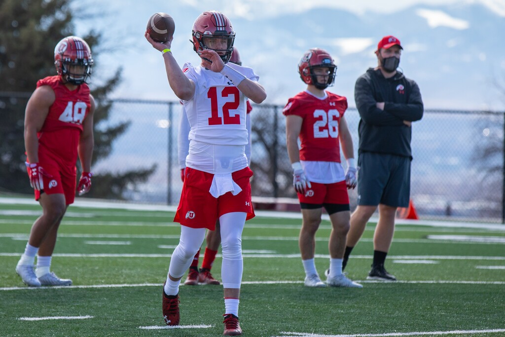 University of Utah Athletics) Quarterback Charlie Brewer (12) participates in Utah football spring practice, Monday, March 15, 2021.