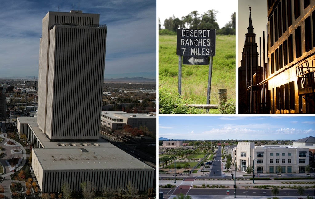 (The Salt Lake Tribune; AP; The Church of Jesus Christ of Latter-day Saints) Clockwise from left: The Church Office Building in Salt Lake City; church-owned Deseret Ranches in central Florida; a church-led housing development next to the temple in Philadelphia; and a church-built residential and commercial project next to the temple in Mesa, Arizona.