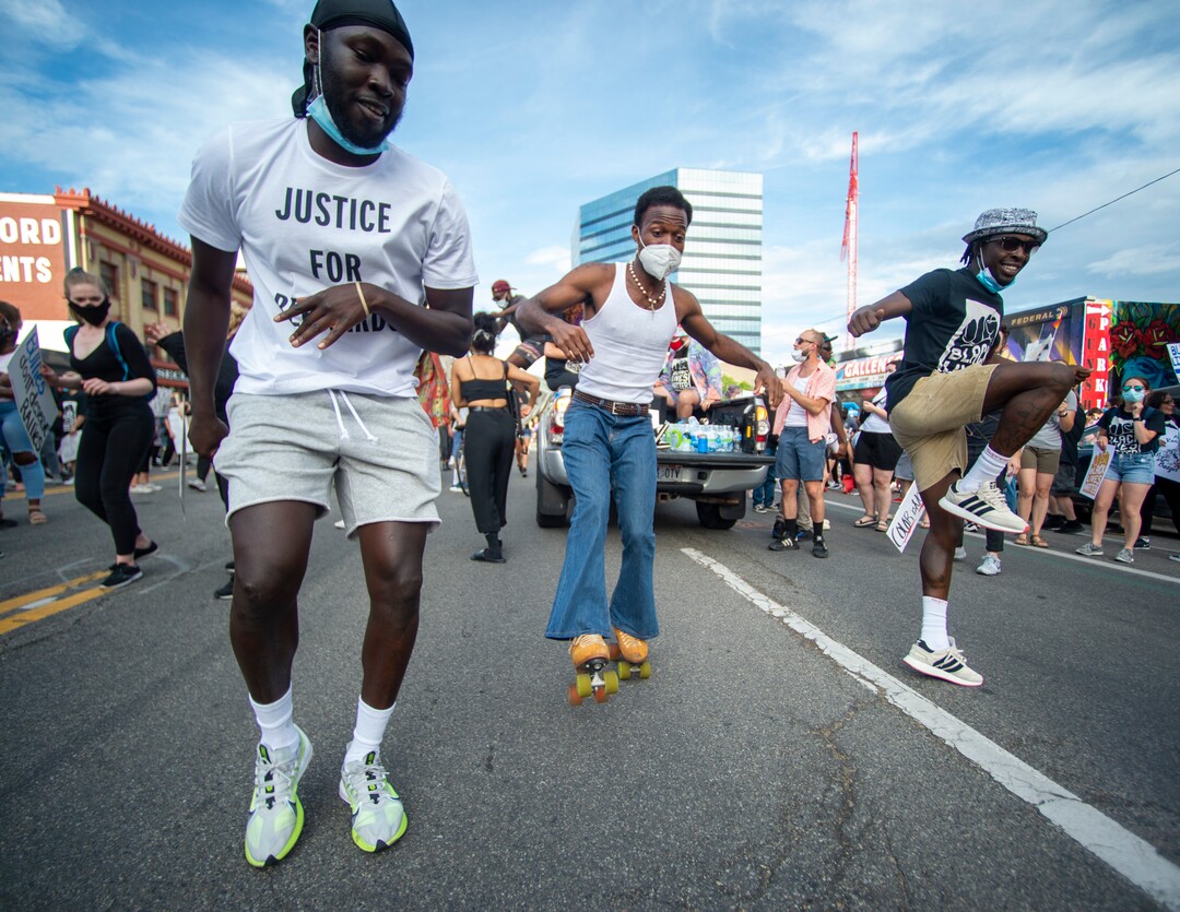 (Rick Egan  |  The Salt Lake Tribune) Protesters dance in the streets of Salt Lake City on Saturday, June 20, 2020.