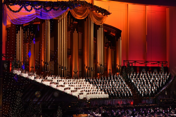 (Francisco Kjolseth  |  The Salt Lake Tribune)  The Mormon Tabernacle Choir Christmas extravaganza kicks off with Broadway star Sutton Foster and "Downton Abbey's" Hugh Bonneville at the Conference Center on Thursday, Dec. 14, 2017.