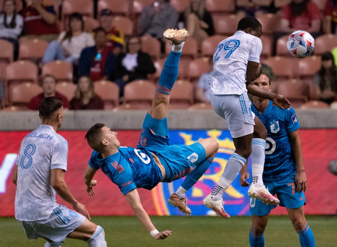 (Francisco Kjolseth | The Salt Lake Tribune) Minnesota United midfielder Jan Gregus (8) and Real Salt Lake midfielder Anderson Julio (29) compete for the ball in MLS action between Real Salt Lake and Minnesota United FC at Rio Tinto Stadium in Sandy, on Saturday, May 29, 2021.