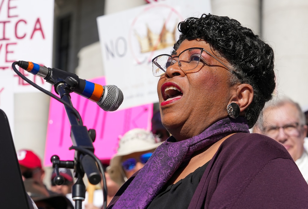 (Chris Samuels | The Salt Lake Tribune) Jeanetta Williams, president of the NAACP Salt Lake Branch, speaks at a “No Kings” rally in Salt Lake City in October 2025.