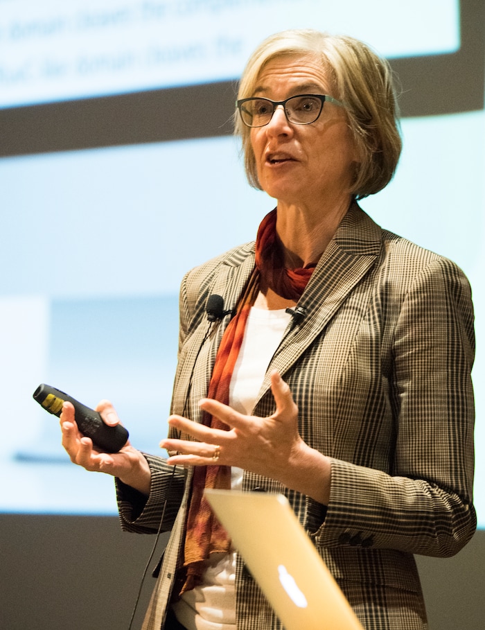 (Rick Egan  |  The Salt Lake Tribune)        UC Berkeley researcher Jennifer Doudna, gives a lecture on “Rewriting the Language of Life: The Biology, Technology and Ethics of DNA Editing."  at the Huntsman Cancer Institute, Thursday, March 22, 2018.



