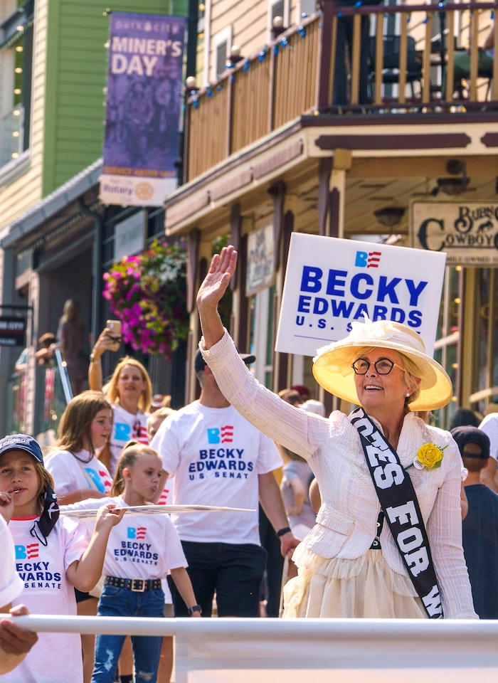 (Leah Hogsten | The Salt Lake Tribune) Becky Edwards, candidate for the U.S. Senate, walks down Main Street in Park City on Labor Day, Sept. 6, 2021 during its 125th anniversary celebration of MinersÕ Day.